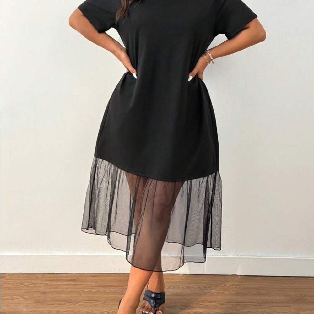 SHEIN 2XL Women's Black  Round Neck Short Sleeve Mesh Cotton Dress Flowy Dress